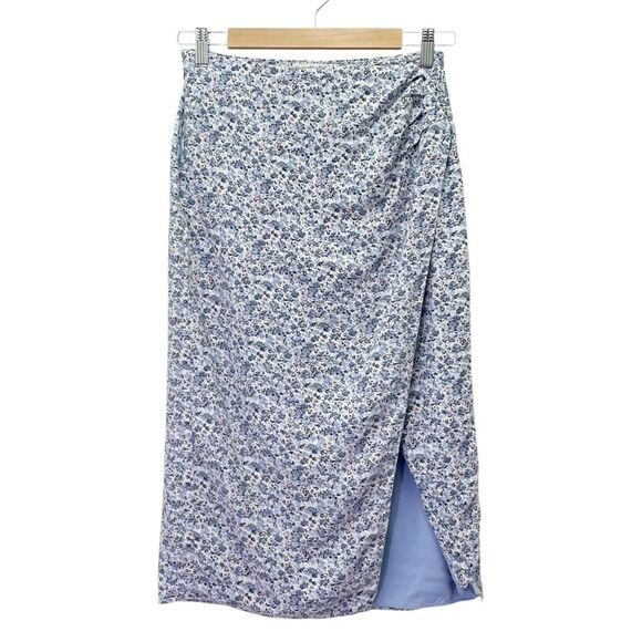 Abercrombie & Fitch Side Slit Midi Skirt Blue Floral Linen Blend Size Small - Picture 2 of 12